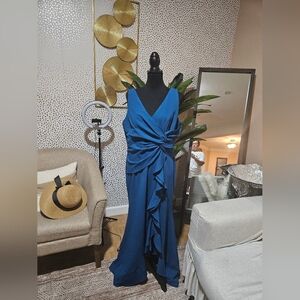 FQA Elegant Blue Ruffled Gown